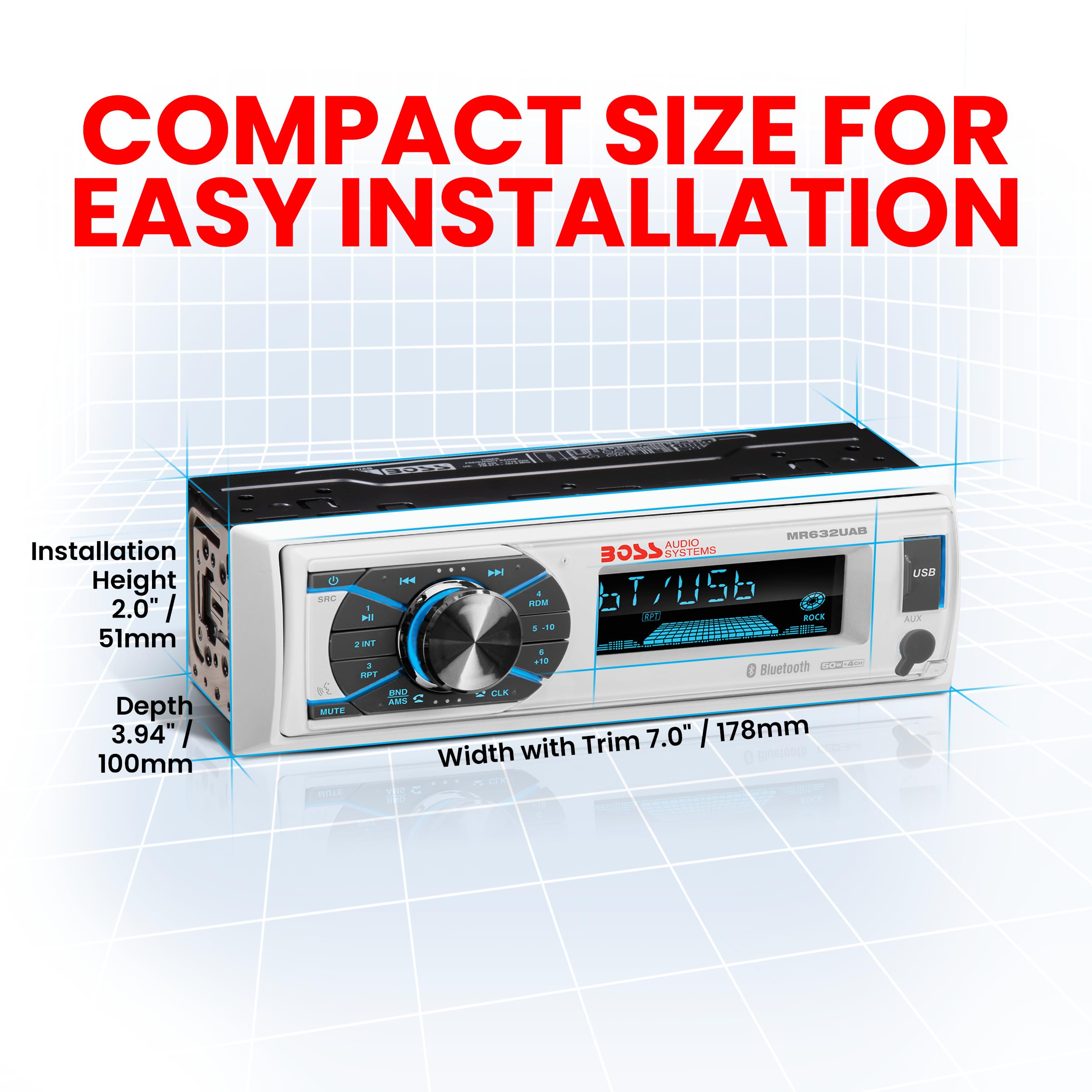 Boss Audio Systems MR632UAB Marine Receiver – Weatherproof, Bluetooth Audio and Hands-Free Calling, USB, MP3, AM/FM, Aux-in, No CD Player, RGB Multi-Color Illumination, Detachable Front Panel, white