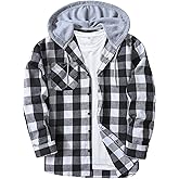 Mens Flannel Hoodie Shirts Long Sleeve Casual Plaid Jacket Button Down Classic Fit Shirts with Pocket