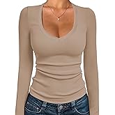 Jar of Love Long Sleeve Shirts for Women V Neck Ribbed Slim Fall Going Out Tops 2025
