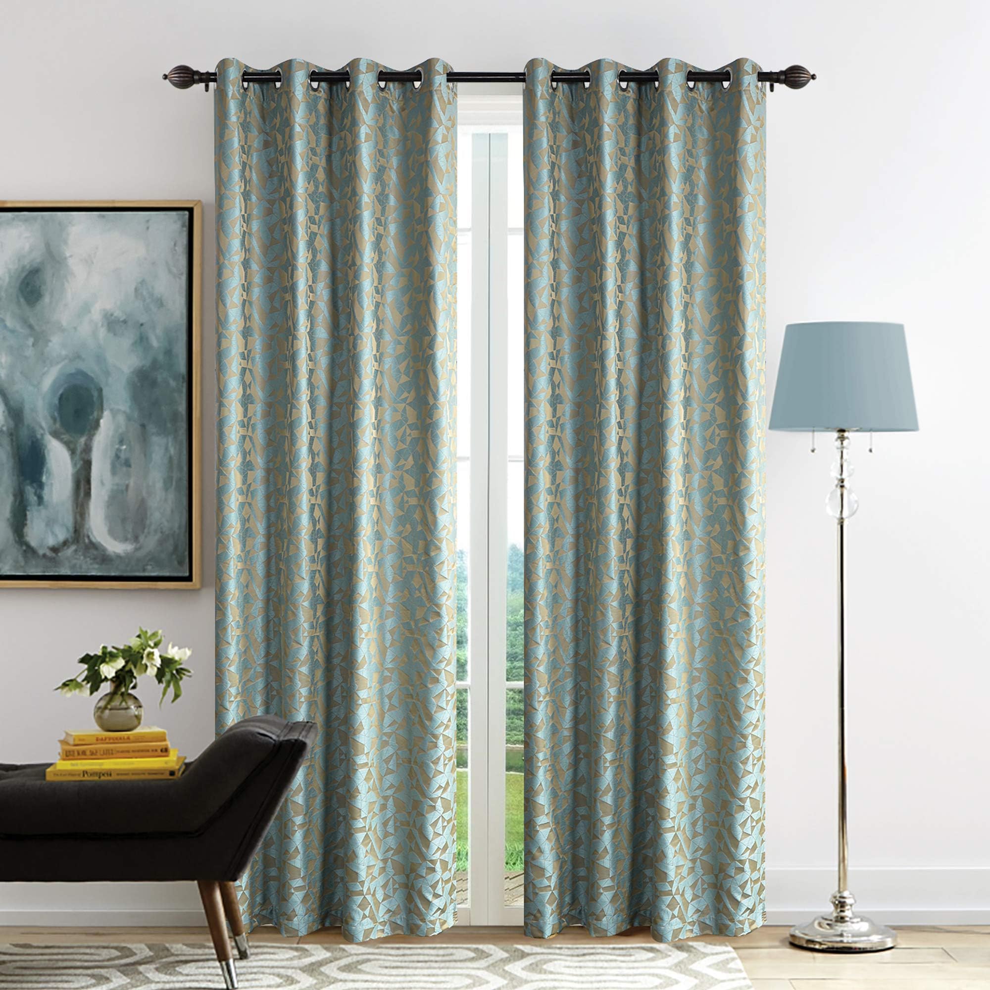 Deco Window Eyelet Polyester Blend Geometric Design Long Door Curtain for Living Room (9 Feet, Teal) -Set of 2
