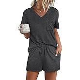 RUBZOOF Women's Short Sleeve Pajama Sets with Pockets Casual V Neck 2 Piece Lounge Sets S-3XL