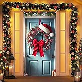 BlissYard Christmas Door Cover 71x35 Inch Santa Hat Wreath Door Banner Christmas Door Decoration for Front Door, Indoor Outdoor Holiday Backdrop Red Bow and Greenery for Winter Party Décor