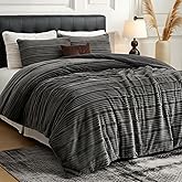 Amélie Home Luxury Flannel Fleece Queen Comforter Set,Soft Warm Striped Plush Bedding Set for Winter, 3 Pieces, 1 Cozy Comforter with 2 Pillowcases, Charcoal Gray, 90"x90"