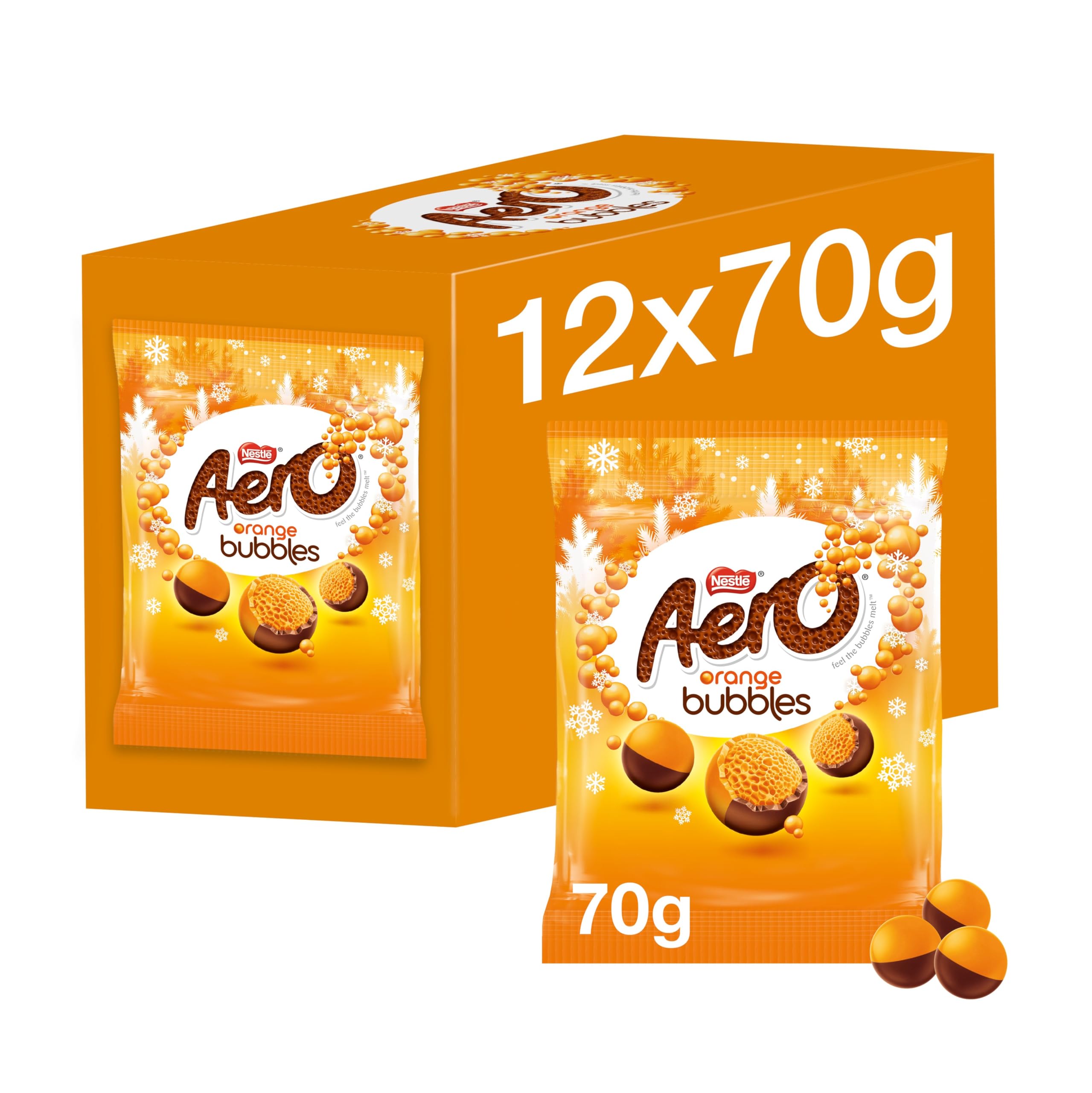 Aero Bubbles Orange Chocolate Bag 70g (Pack of 12) | Festive Orange Flavored Treats | Christmas Candy Gift | Holiday Party Snacks | Perfect Stocking Filler | Seasonal Delights | Festive Pouch