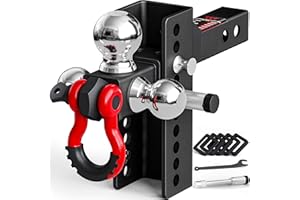 TYT Adjustable Heavy-Duty Trailer Hitch Tri-Ball Mount with Locks&Pin&Rotatable Tow Shackle, Fits 2-in Receiver, 4-1/2" Rise/Drop, 1-7/8" & 2" &2-5/16" Ball, 10000LBS GTW