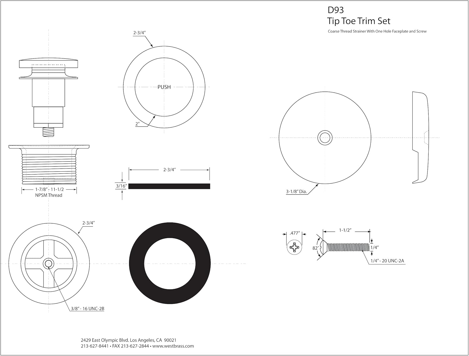 Westbrass Tip Toe Tub Trim Set with One-Hole Overflow Faceplate, Matte Black, D93-62 - - 