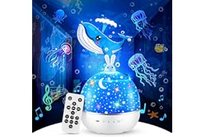 One Fire Projector【Gifts Package】 - 105 Lighting Modes + 15 Films Ocean Style for Kids Room, Bluetooth & Remote Timer Design for Baby Nursery, 360° Rotation + Silent Function Toddler Night Light