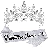 VELSCRUN Birthday Queen Tiara Crowns for Women Girls Silver Crystal Birthday Queen Headband Sash Elegant Princess Crown Happy Birth Party Decorations Mom Sisters Birth Gift Hair Accessories
