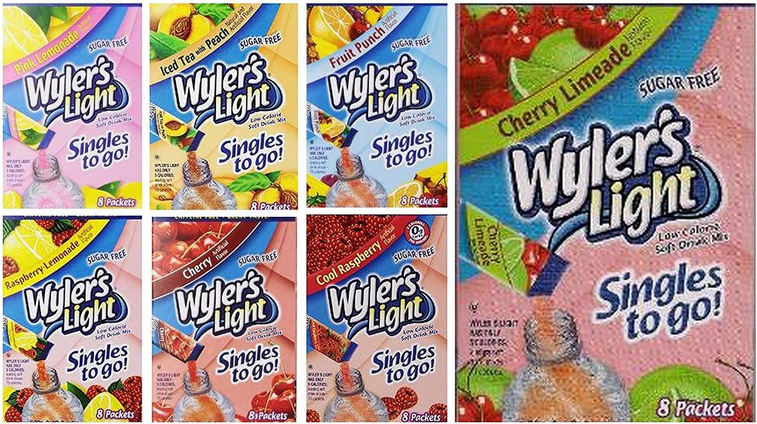 Wyler's Light Singles to Go Bundle, 8 packet/box (Pack of 7) includes 8-Packets Pink Lemonade, Fruit Punch, Cherry Limeade, Cool Raspberry, Cherry, Raspberry Lemonade, Iced Tea w/ Peach (56 PACKETS)