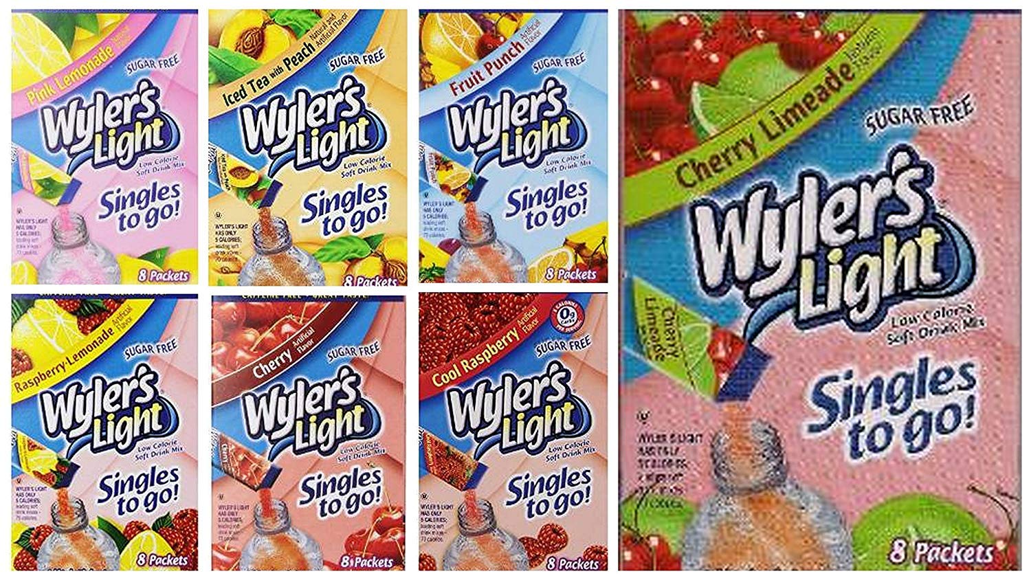 Wyler's Light Singles to Go Bundle, 8 packet/box (Pack of 7) includes 8-Packets Pink Lemonade, Fruit Punch, Cherry Limeade, Cool Raspberry, Cherry, Raspberry Lemonade, Iced Tea w/ Peach (56 PACKETS)