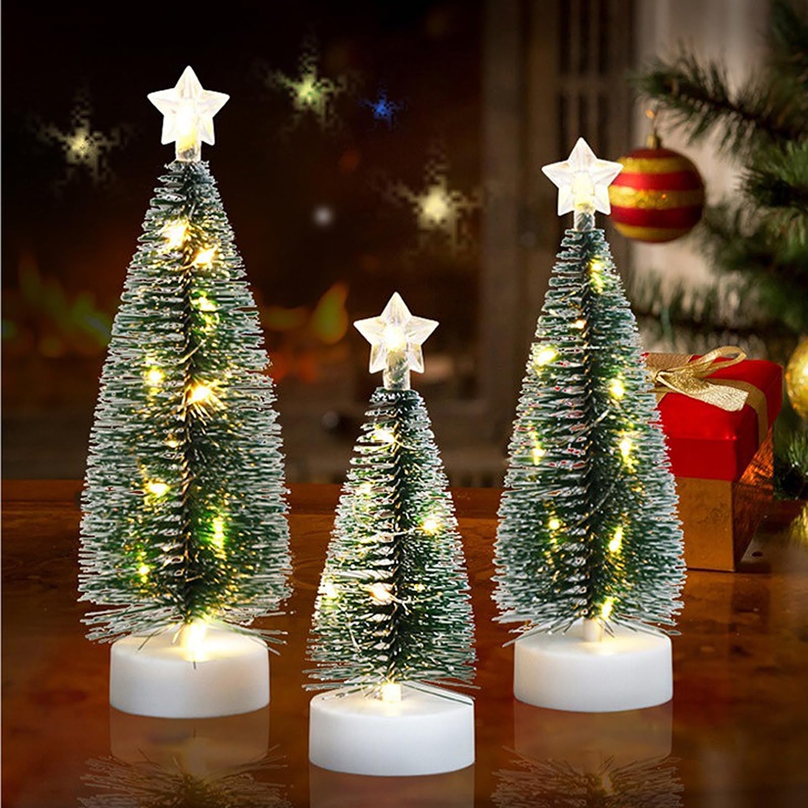 DRERIO 3 Pcs Small Christmas Tree 3 Size high Tabletop Christmas Tree with Lights Mini Artificial Xmas Tree with LED Artificial Pines Slim Christmas Tree Plastic Desktop Ornament with Base for Decor