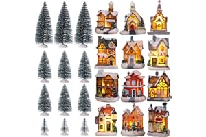 Kajaia 12 Pieces Christmas Winter Houses Village with 12 Pieces Trees Lamp LED Lights Christmas Winter Village Town Buildings Accessories for Thanksgiving Halloween Village Figurine Desktop Decor