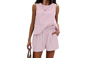 EXLURA Women's Summer 2 Piece Outfits Sleeveless Tank Top Matching Shorts Sets Cotton Striped Airport Beach Vacation 2026
