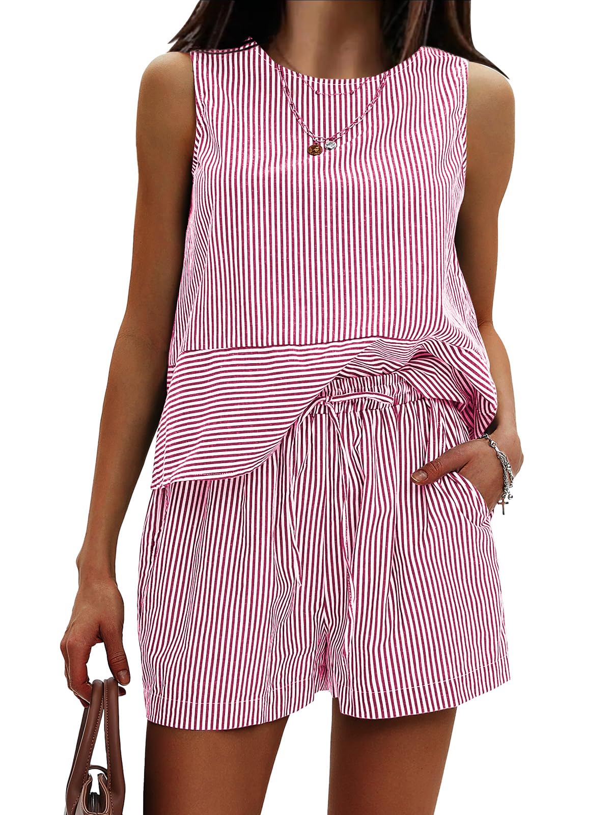Photo 1 of (MISSING SHORTS) (MED) EXLURA Women's Summer 2 Piece Outfits Sleeveless Tank Top Matching Shorts Sets Cotton Striped Sweatsuits Vacation Beach 2025.  M