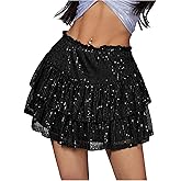 MakeMeChic Women's Glitter Sequin Mini Skirt Ruffle Tiered Frill Trim A Line Party Club Skirts