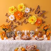 Honoson 22 Pcs Day of The Dead Large Monarch Butterfly Decor, Orange, Black | 3D 2 Layer Monarch Butterflies and Paper Flowers, Fall Butterfly Party Decorations for Dia De Los Muertos Altar Wall Birthday