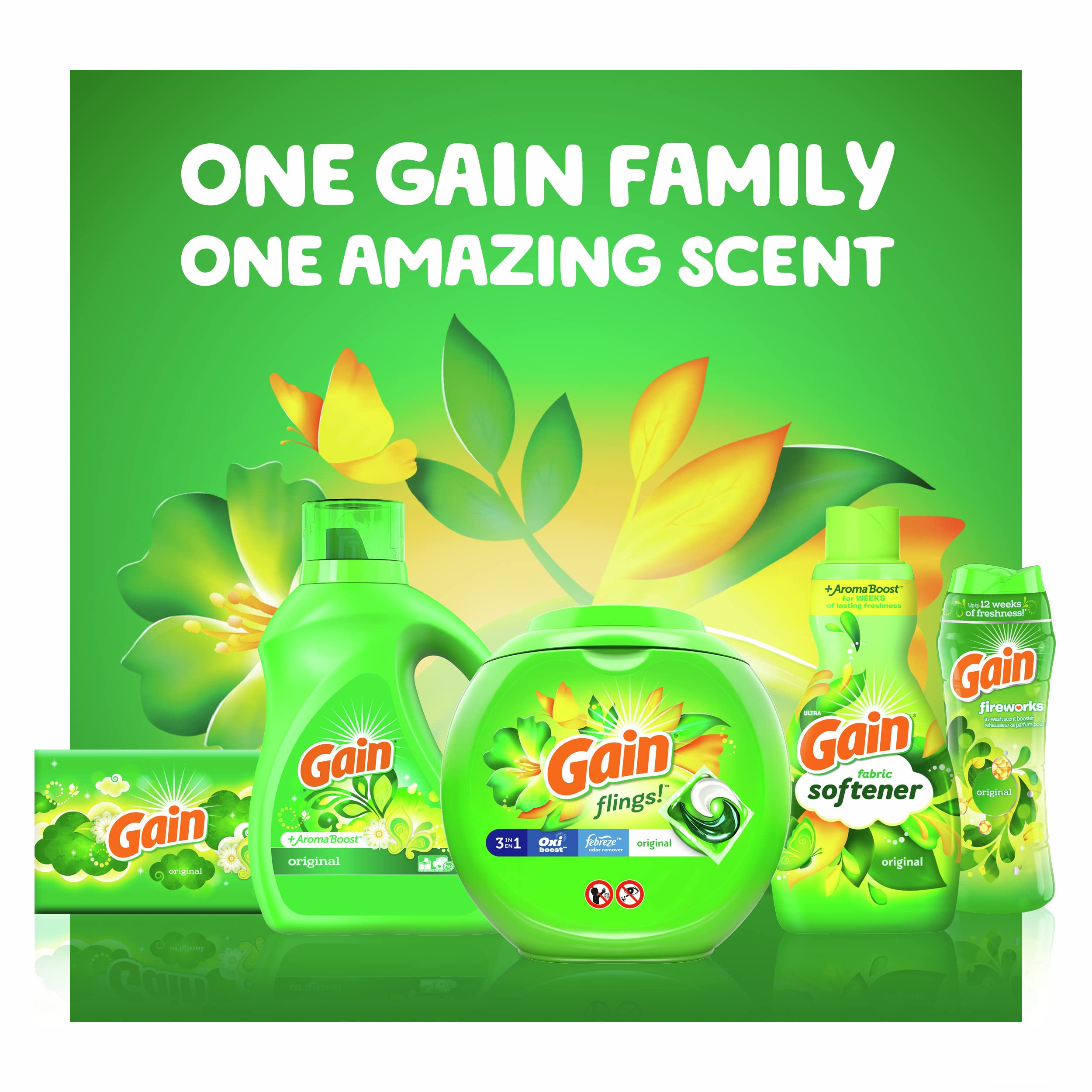 Gain Laundry Bundle: Gain Flings Laundry Detergent Pacs (2x35ct), Dryer Sheets (2x34ct), Fireworks Laundry Scent Booster Beads (14.8oz)
