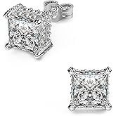 18K White Gold Plated Sterling Silver Pave Square Cubic Zirconia Stud Earrings 4 Prong Princess Cut CZ Simulated Diamond Stud Earrings for Men Women Hypoallergenic