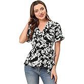 Allegra K Women's Wrap Peplum Top Blouse 2025 Summer Floral Short Sleeve Ruffle V Neck Belted Shirts