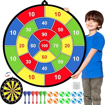 FHNSEL Kids Dart Board Set Double-Sided with 12 Sticky Balls 6 Darts Indoor