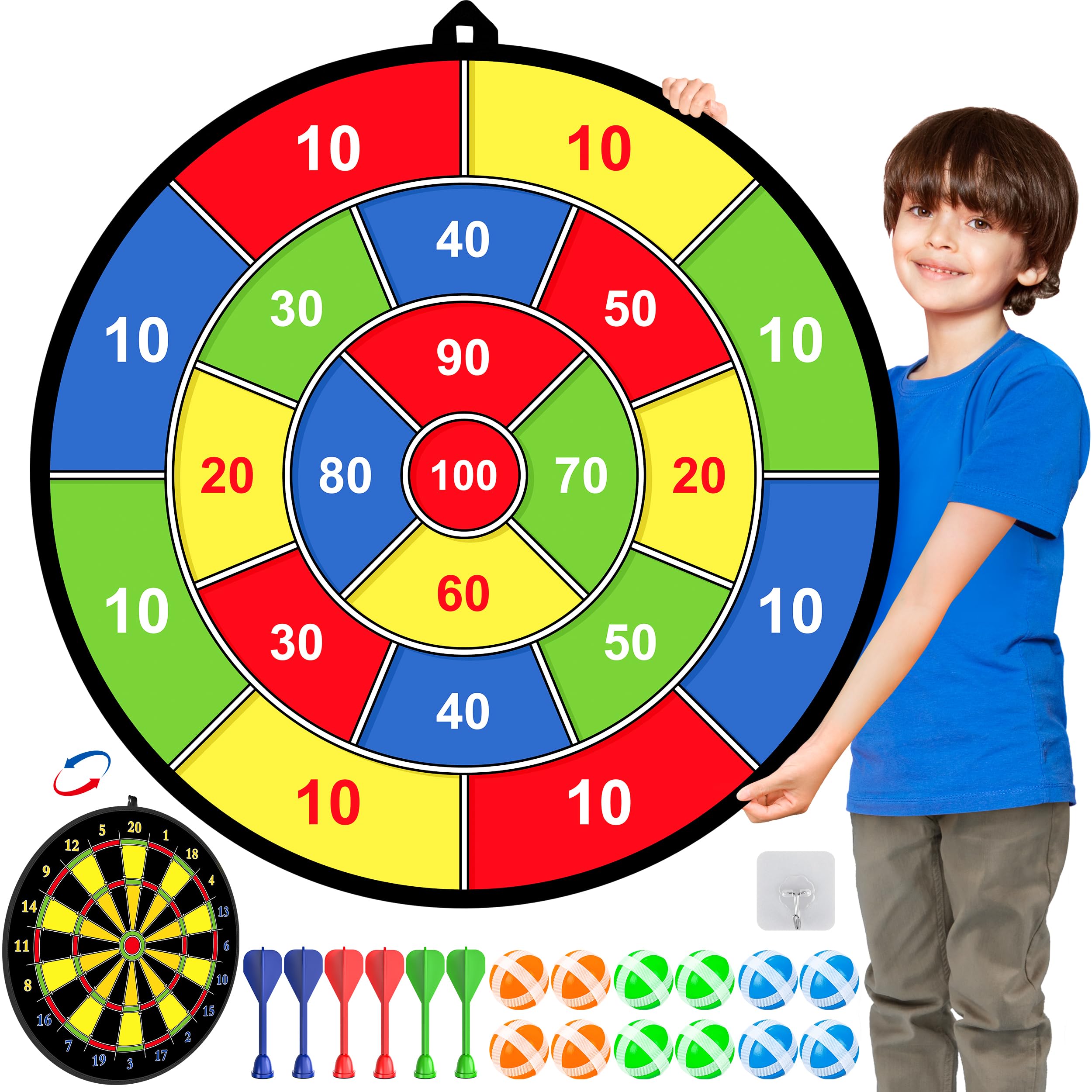 Kids Dart Board Set,Double Sided Dart Board with 12 Sticky Balls,6 Darts,Indoor & Outdoor Party Games Toys Gifts for 3 4 5 6 7 8 9 10 11 12+ Year Old Boys Girls Adult (M023-Kids Dart Board Set)