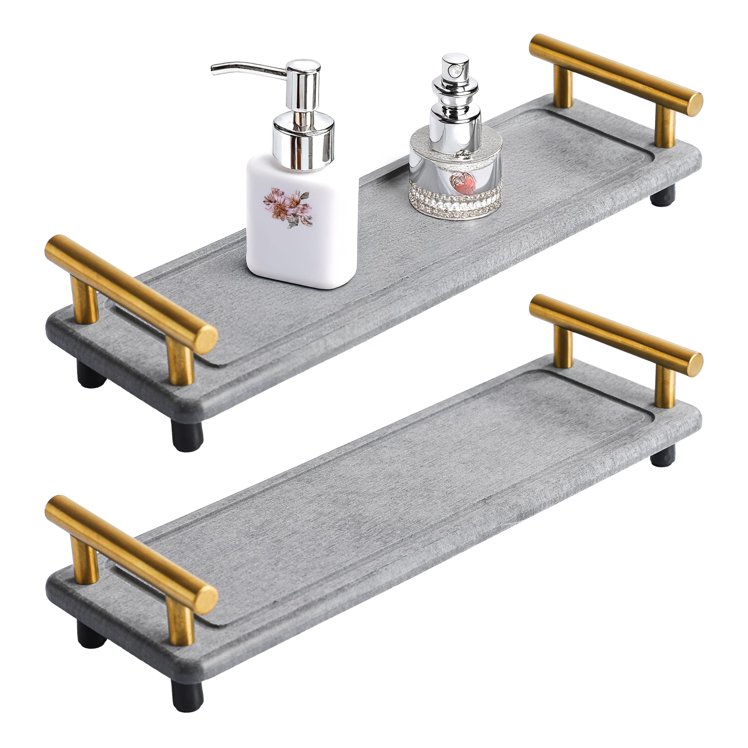 Photo 1 of 2PCS Water Absorbing Stone Drying Tray for Kitchen Counter, Quick Dry Kitchen Sink Organizer, Stone Drying Tray with Handle, Diatomaceous Sink Caddy (Dark Grey & Gold Handle, Small)