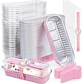 ZOXILEN 60pcs Mini Loaf Pans with Lids and Spoons Aluminum Foil, Disposable 6.8oz Rectangle Cake Pans with Lids, Small Foil Cake Tins Bread Pan for Picnics Christmas Halloween Party Pink