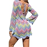 BreathSunny Womens Crochet Knit Color Block Swimsuit Coverup Mini Dress Summer 2025 Long Sleeve Beach Bathing Suit Cover Up