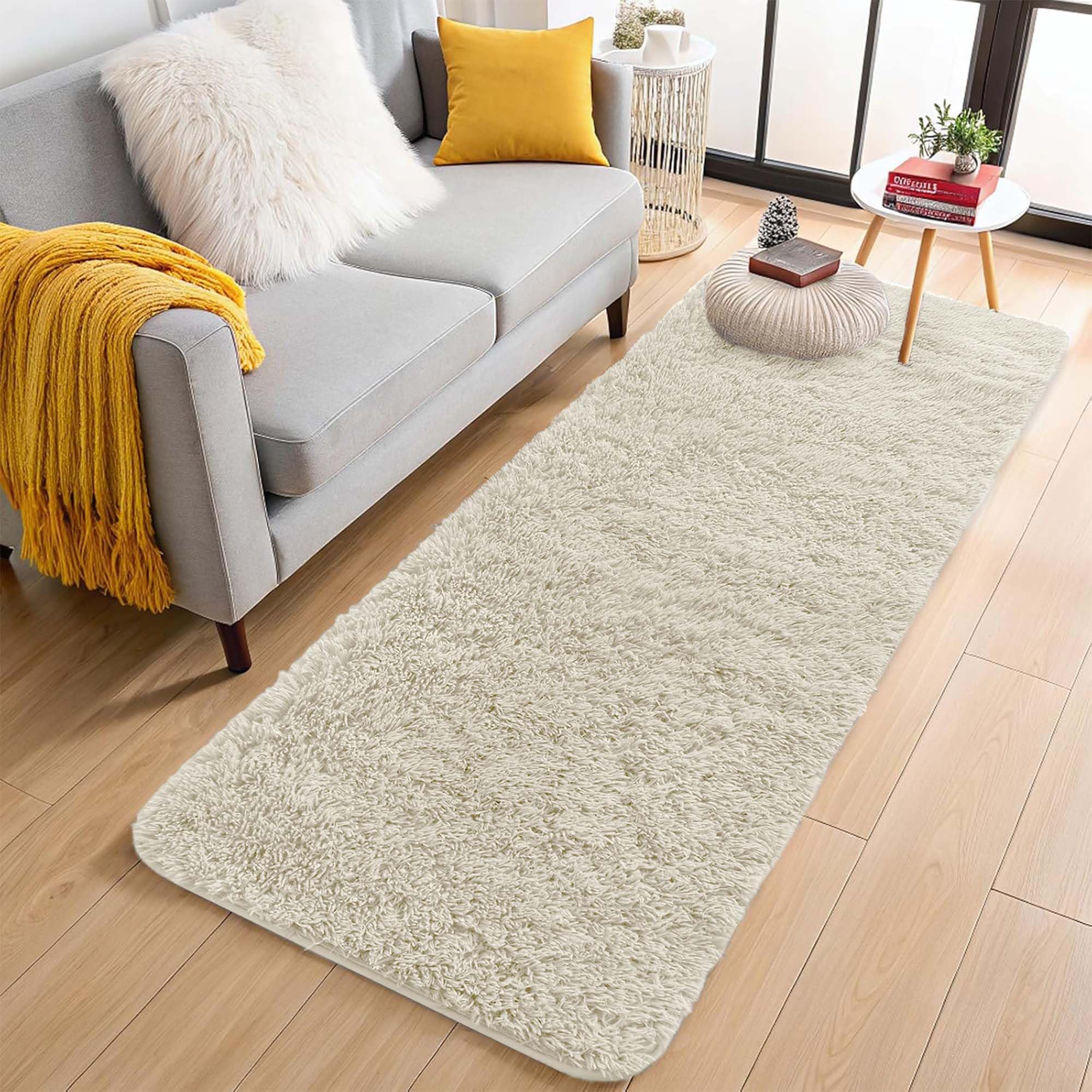 Aspire Homeware Fluffy Bedroom Rug – Cream Lounge Area Rugs 80x300 cm Living Room Large Plush Carpet Modern Soft Shaggy Pile Faux Fur Rug for Home