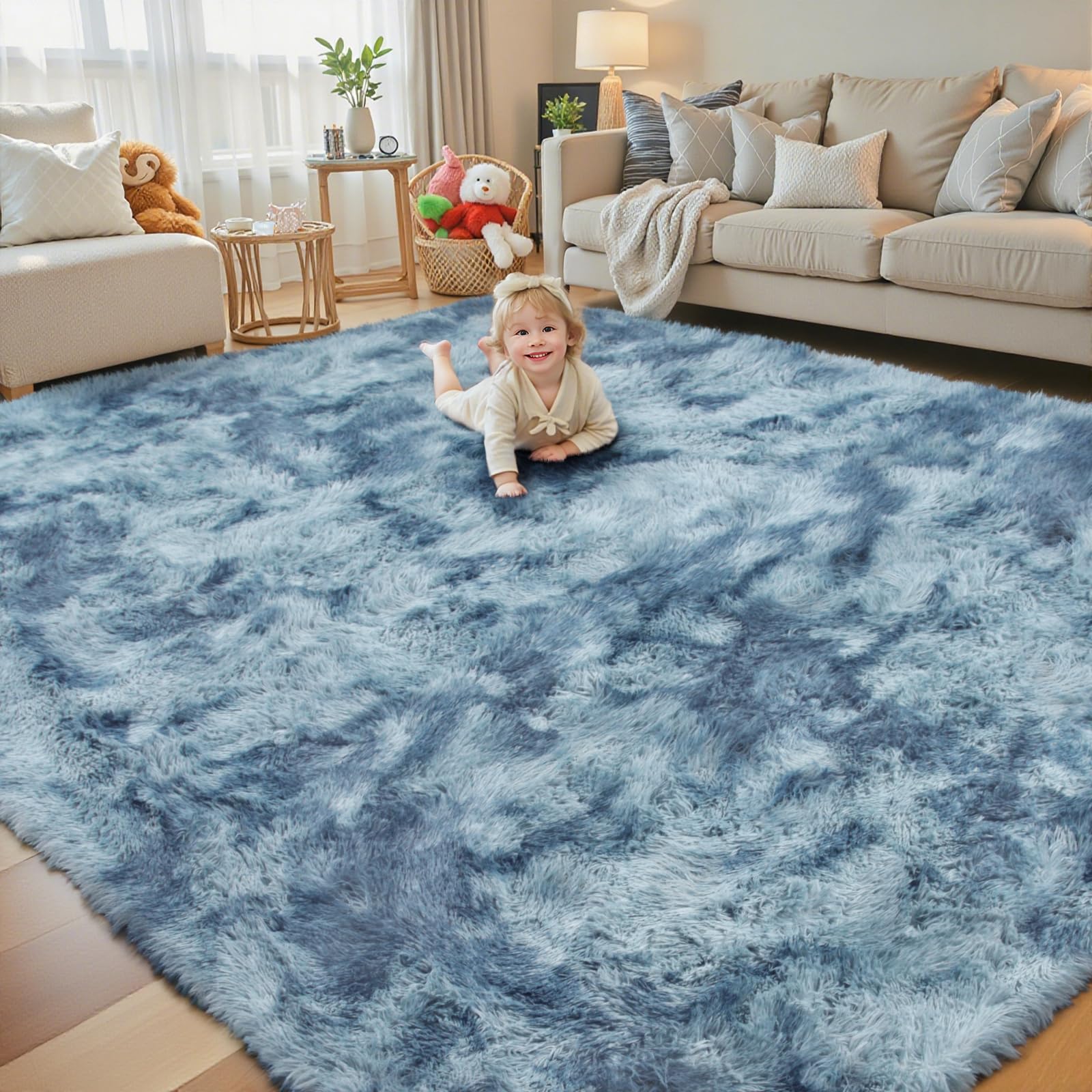 Photo 1 of Area Rugs 9x12 Living Room, Large Area Rug Shag Shaggy Carpet Soft Plush Furry Bedside Rug, Machine Washable Area Rugs for Bedroom Kids Girls Boys Anti Slip(9 x 12, Dark Blue Tie-Dyed)