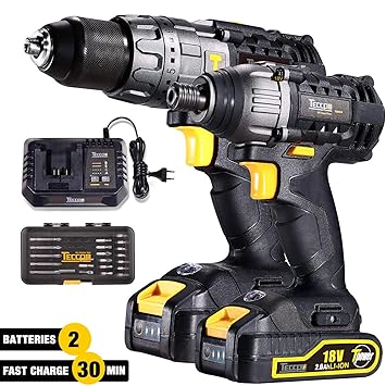 Akkuschrauber Set 18V, TECCPO Elektroschrauber 60Nm, 180Nm Schlagschrauber, 2 Akku 2.0Ah, 30min Schnellladegerät, LED-Lampe u