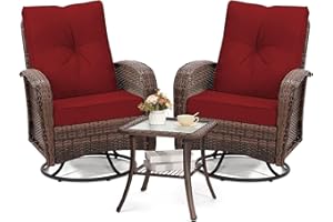 wildformers Luxury Outdoor Swivel Wicker Glider Patio Chairs with Table Set, Overstuffed Washable Cushions, Ideal for Porch, Balcony, Deck, Brown Rattan and Red Cushion