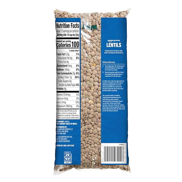 AMAZON GROCERY, LENTILS, NON GMO, EXCELLENT SOURCE OF FIBER, 16 OZ