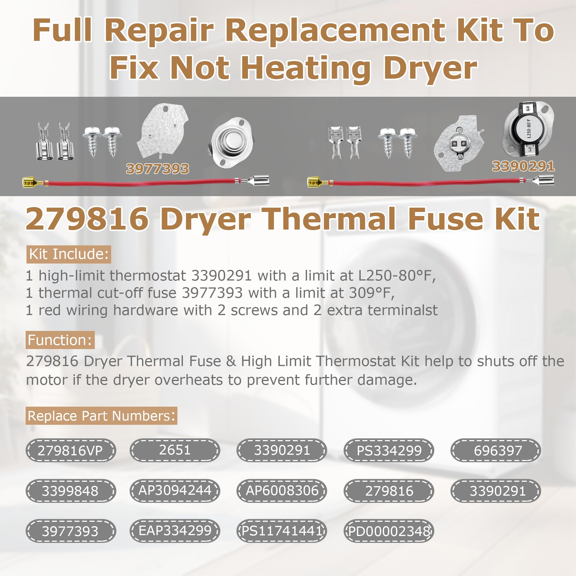 NED4655EW1 Heating Element fit for Amana 279838 W10724237 NED4600YQ1 NED4600YQ0 fit for Whirlpool WED4815EW1 WED4850HW0 WED5300VW0 fit for Kenmore 70 80 110 fit for Maytag 3398064 3403585 prime&swift