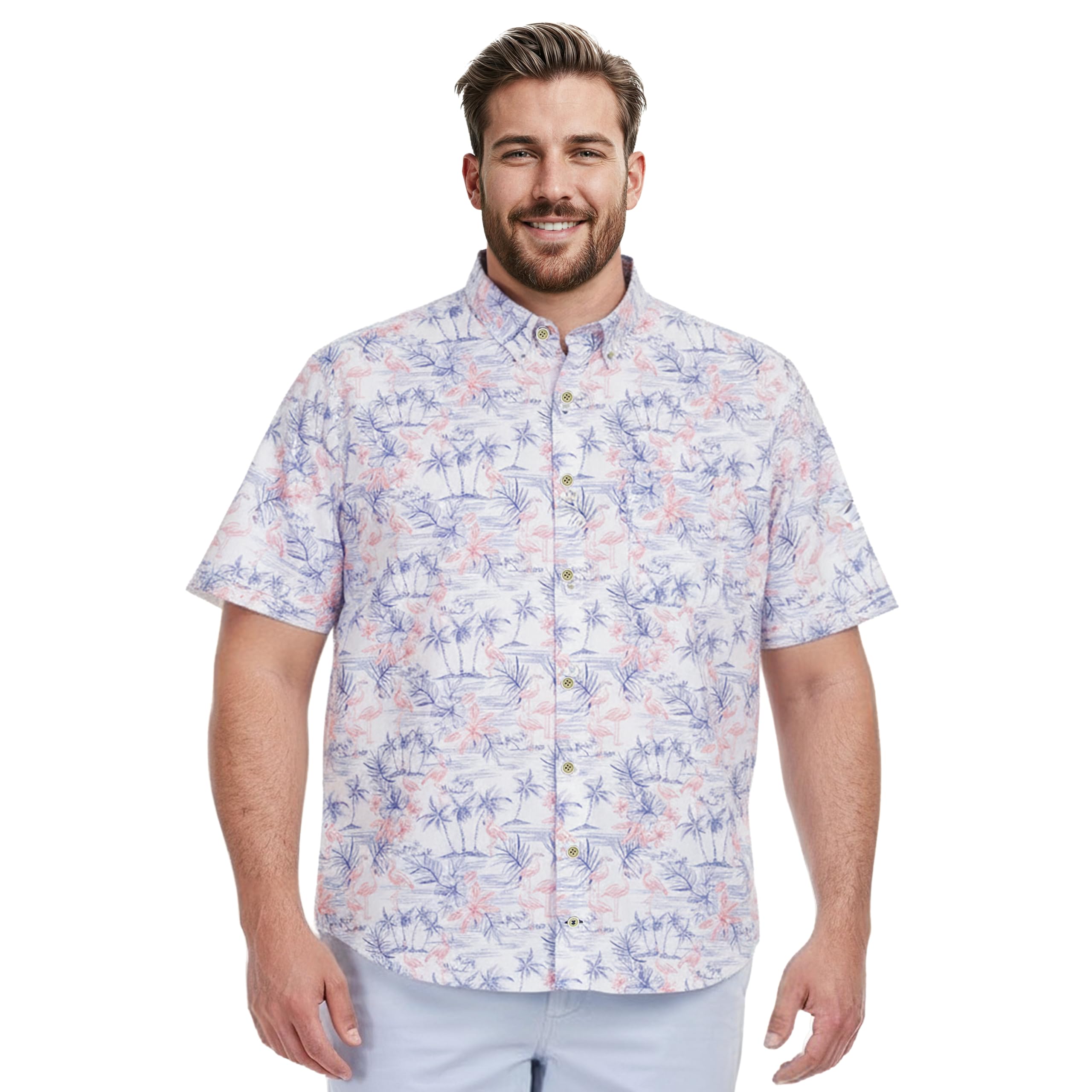 Izod Men’s Big and Tall Saltwater Dockside Short Sleeve Button Down Shirt, Bright White Pink Flamingo, 3X-Large Big