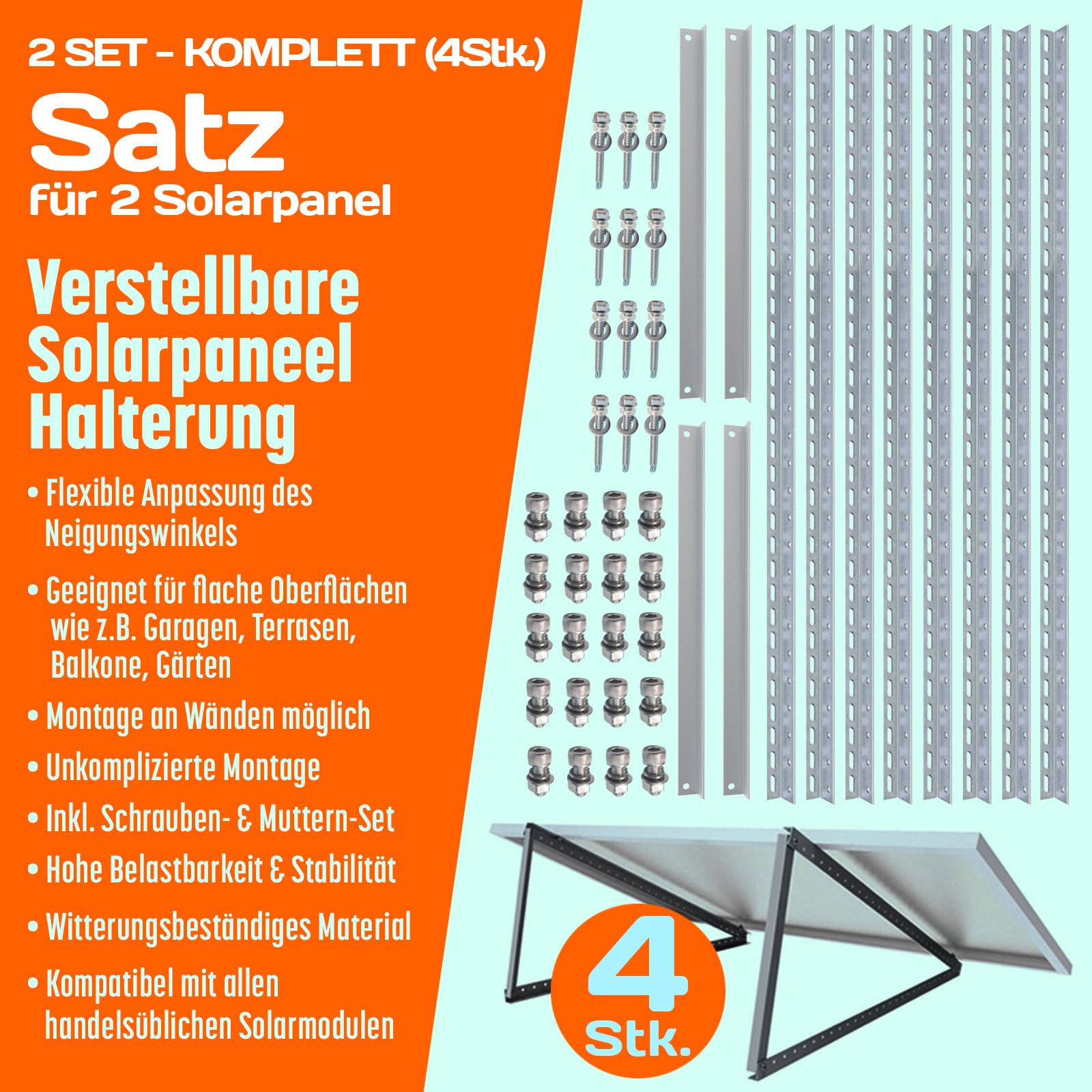 4x Solarmodul Halterung 1180mm Set Profil 40x28x3! für 2 Solarpanels Solarmodul Flachdach Aufständerung Photovoltaik Universal Balkonkraftwerk Robuste Wand Flachdachmontage, Wetterbeständig, PV Module 5