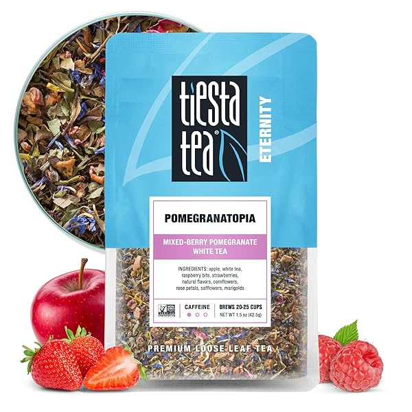 TIESTA TEA POMEGRANATOPIA – PREMIUM LOOSE LEAF MIXED-BERRY POMEGRANATE WHITE TEA | LOW-CAFFEINE BLEND | HOT & ICED | 1.5 OUNCE RESEALABLE POUCH | BREWS UP TO 25 CUPS