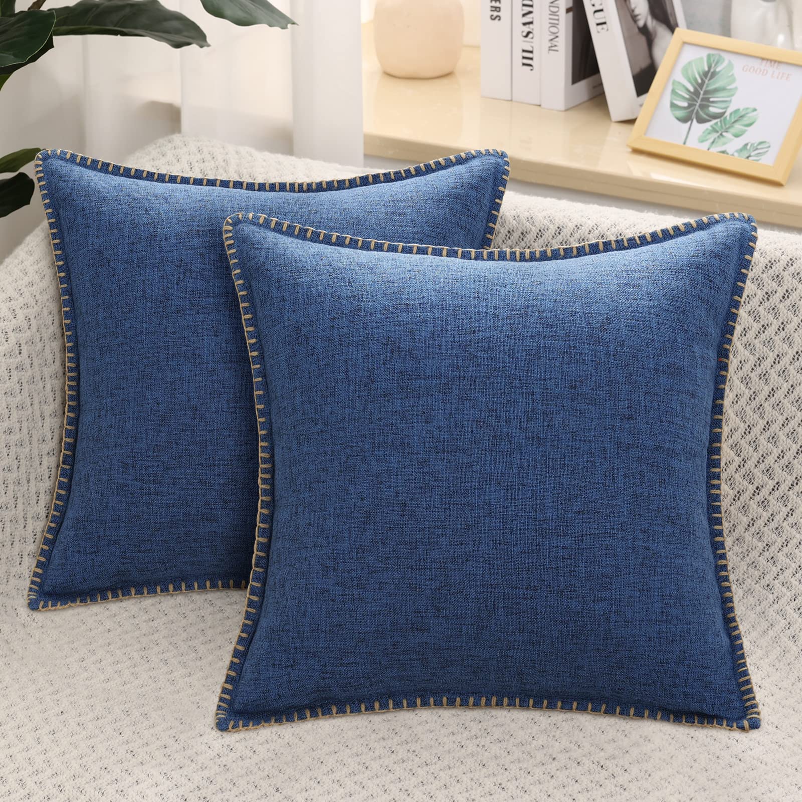 decorUhome Set of 2 Linen Cushion Covers 45X45cm,Decorative Outdoor Plain Vintage Cushion Covers with Stitched Edges, Square Farmhouse Neutral Pillow case 18x18 Inch for Sofa, Navy