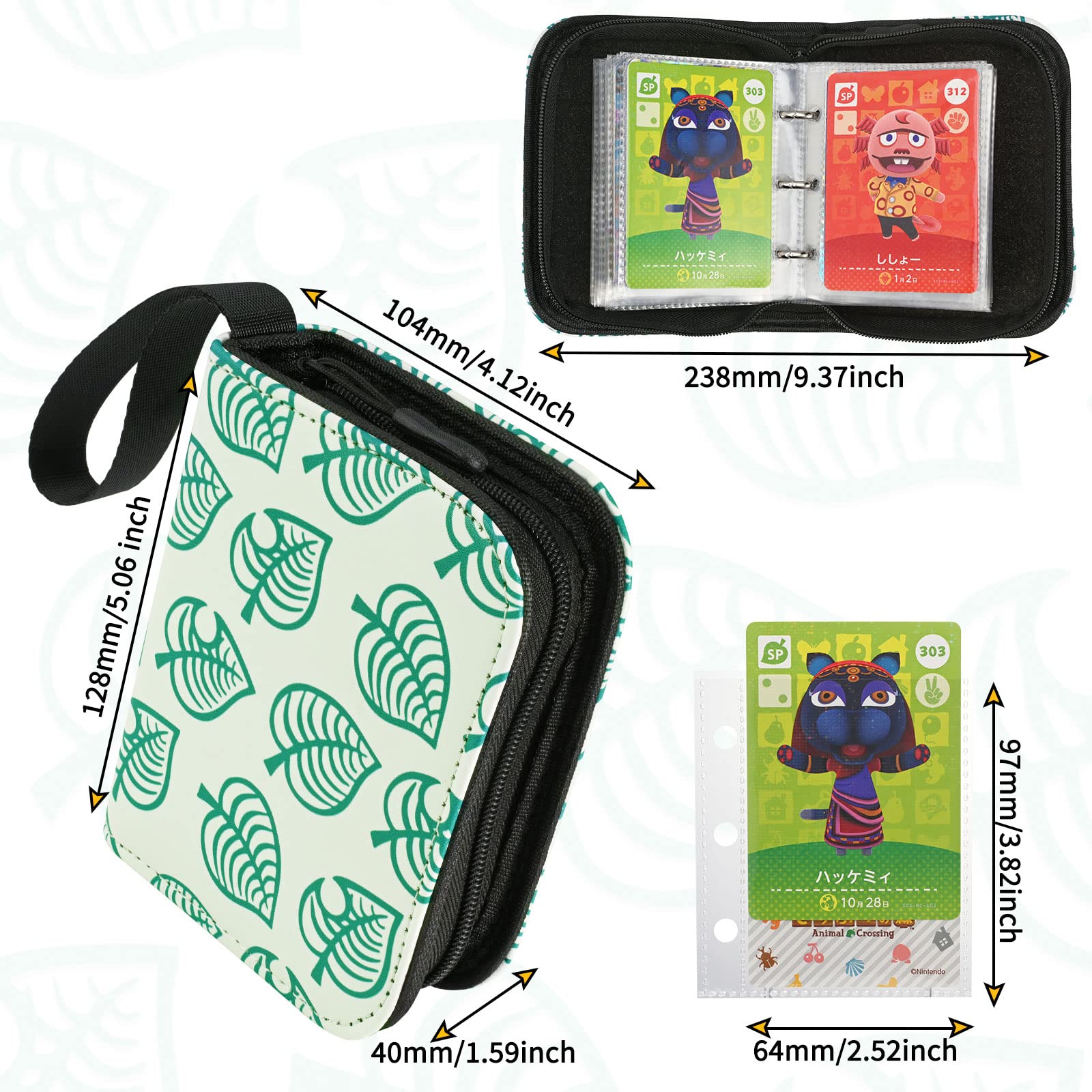 80 Pockets Binder Holder for Animal Crossing Amiibo Cards, Fits 80 Pcs 2.5 x 3.8-Inches Cards with 40 Removable Sleeves (Leaf, Full-Size Binder)