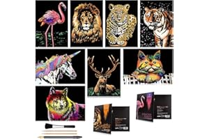 AP ARTSPER Scratch Art for Kids & Adults, Rainbow Engraving Painting Landscape Scratchboard(A4) Crafts Set: 8 Sheets Scratch Cards with 4 tools - Unicorn/Flamingo/Cat/Deer/Lion/Tiger/Leopard/Wolf(Animal Series)
