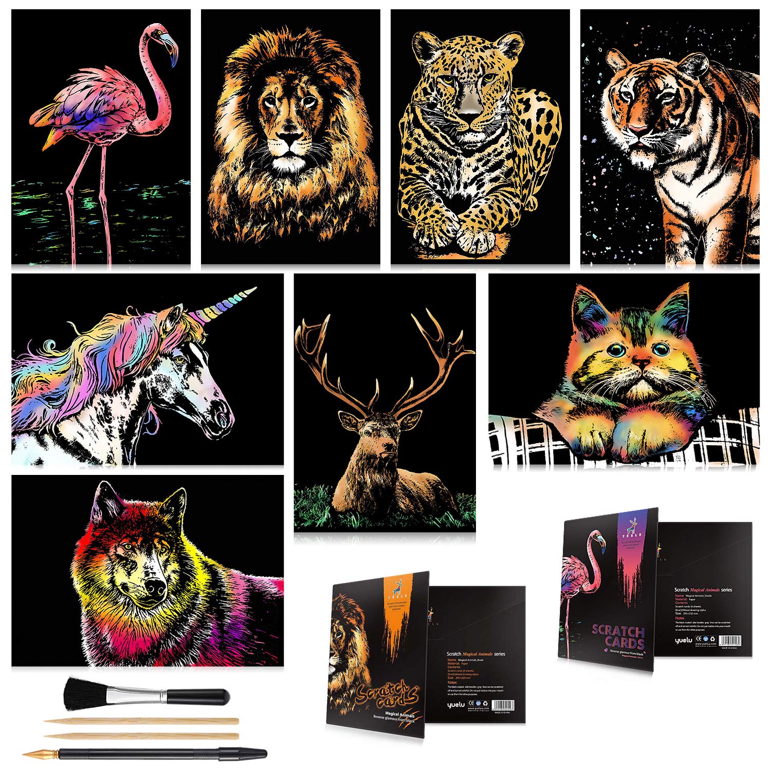 Scratch Art for Teens & Adults, Rainbow Engraving Painting Landscape Scratchboard(A4) Crafts Set: 8 Sheets Scratch Cards with 4 tools - Unicorn/Flamingo/Cat/Deer/Lion/Tiger/Leopard/Wolf(Animal Series) — image 1