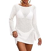 BreathSunny Womens Crochet Knit Swimsuit Coverup Beach Dress Summer 2025 Boat Neck Long Bell Sleeve Bathing Suit Cover Up