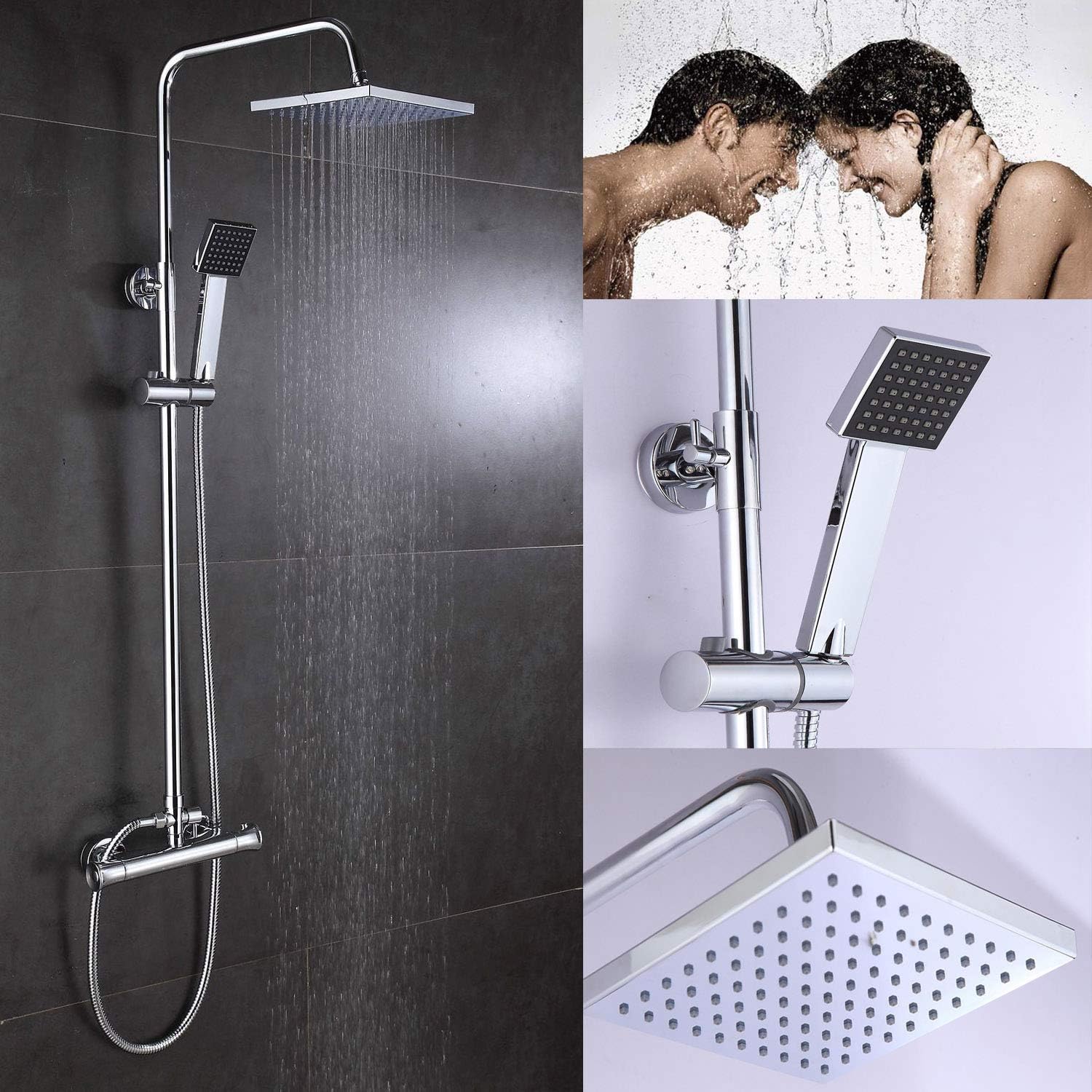 AutoFu Luxury Thermostatic Mixer Brass Diverter Valve Squre Shower Bar
