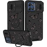 Funermei for Moto G Stylus 2025/2026 Case with Ring Stand, Black Butterfly | Slide Camera Protection, Dual-Layer Hard PC Construction, Cute Girly Phone Cover for Women and Girls