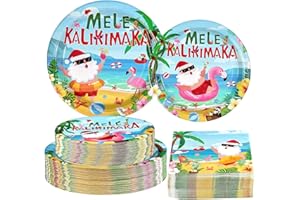 Greencian 200Pcs Summer Christmas Party Supplies Tropical Hawaiian Santa Party Plates and Napkins Disposable Mele kalikimaka Tableware Set for Christmas Summer Pool Beach Decorations Serves 50