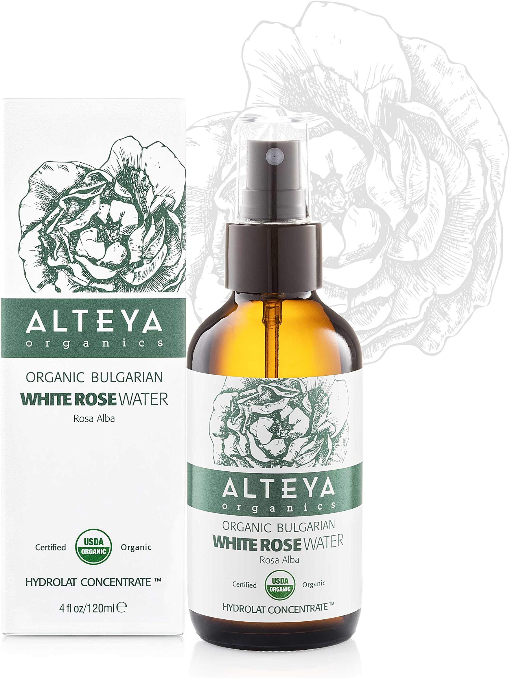 Alteya Organic White Rose Water Spray 120ml Glass bottle- 100% USDA Certified Organic Authentic Pure Natural Rosa Alba Flower Water Steam-Distilled and Sold Directly by the Rose Grower Alteya Organics