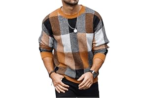OYOANGLE Men's Color Block Plaid Print Long Sleeve Crew Neck Sweater Pullover Tops