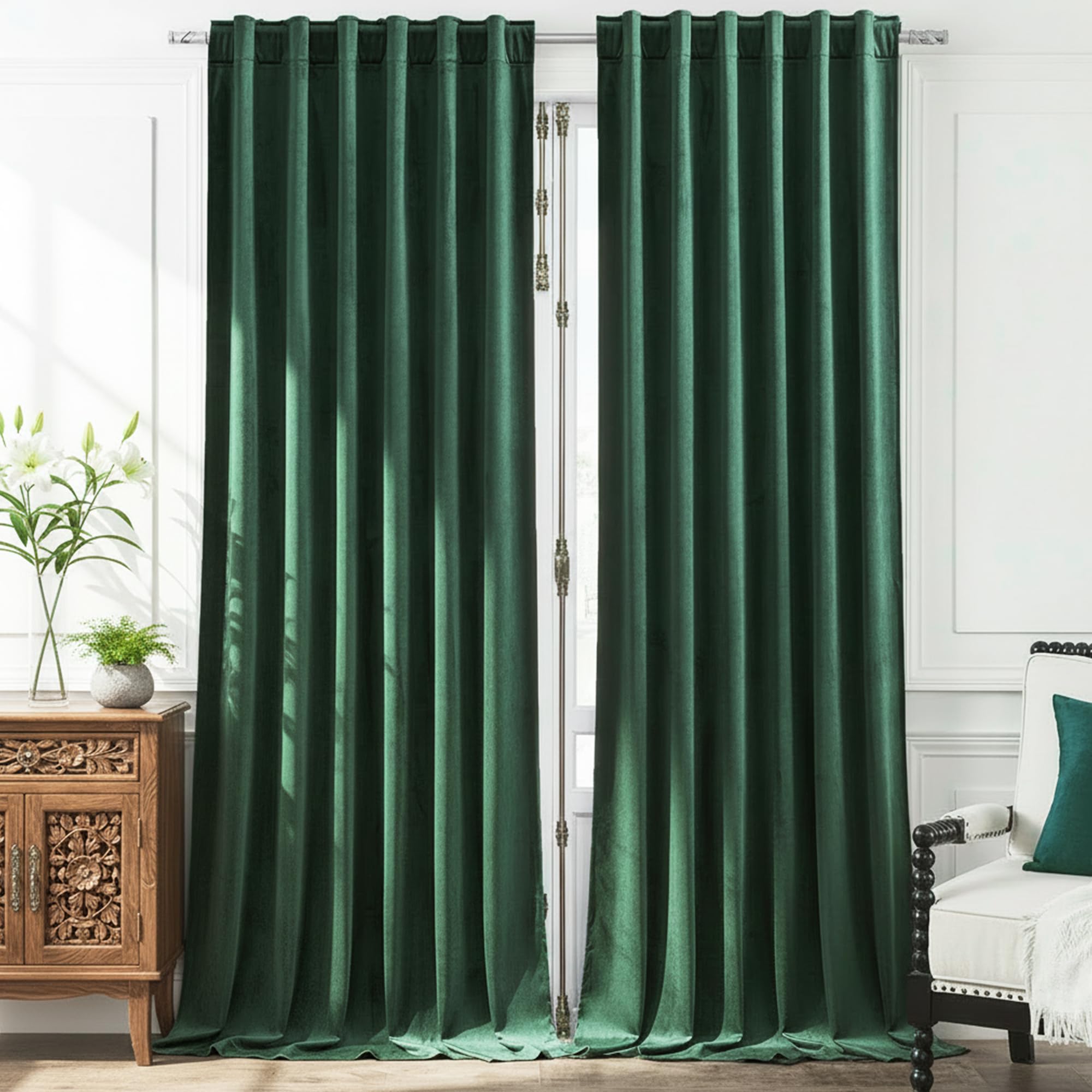 Timeper Green Velvet Curtains 108 inches Long, Thick Fabric Blackout Velvet Curtains for Living Room Sliding Door, W52 x L108, 2 Panels