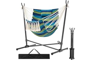 Homgava Folding Hammock Stand with Chair,Heavy-Duty Hanging Chair with Stand, for Patio, Lawn and Outdoors,Sturdy Swing Chair with Stand,with Headrest and Side Pocket,Max Load 450 pounds(Blue-Green)