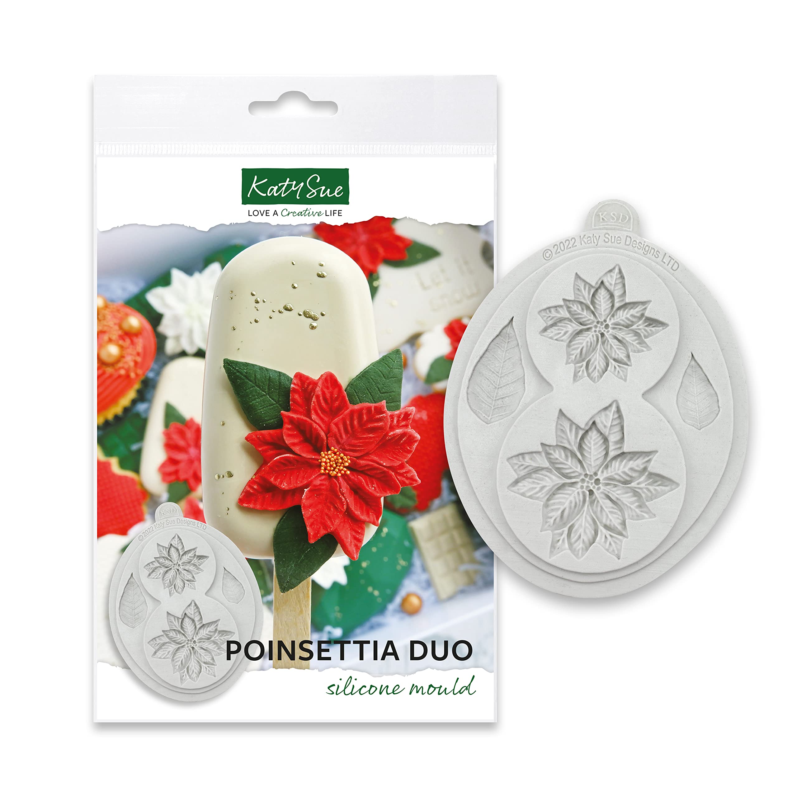 Katy Sue Poinsettia Duo Silicone Mould for Christmas Cake Decorating & Craft. Makes 2 Poinsettia Flowers 52 x 47 and 40 x 37 Millimetres & 2 Leaves for Fondant, Air Dry & Polymer Clay, UK-Made.